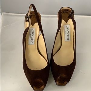Jimmy Choo brown suede peep toe sling back